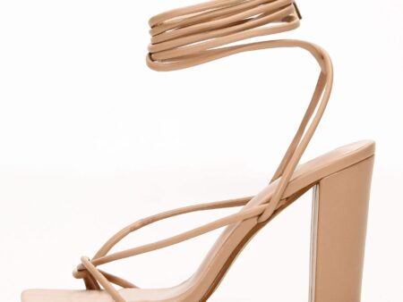 Πέδιλα Lace Up με Χοντρό Τακούνι Mπεζ