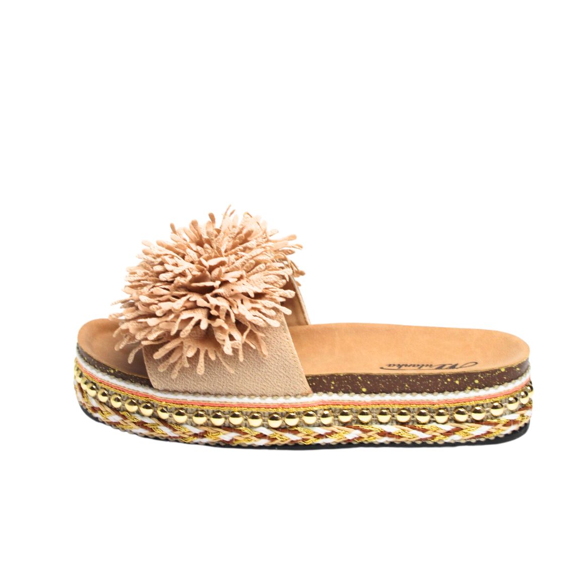 Παντόφλα Flatform Με Διακοσμητικά Λουλούδια Μπέζ