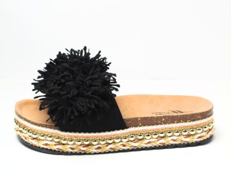 Παντόφλα Flatform Με Διακοσμητικά Λουλούδια Μαύρο