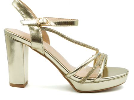 Χρυσά πέδιλα με πλατφόρμα, στρας και χοντρό τακούνι