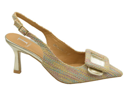 Πολύχρωμη μυτερή υφασμάτινη γόβα slingback με χρυσή αγκράφα και λεπτό τακούνι