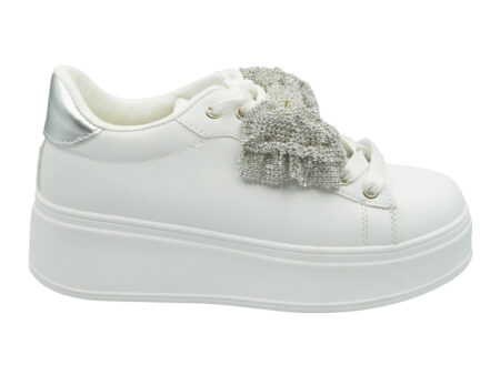 Λευκά flatform sneakers με ασημί φιόγκο