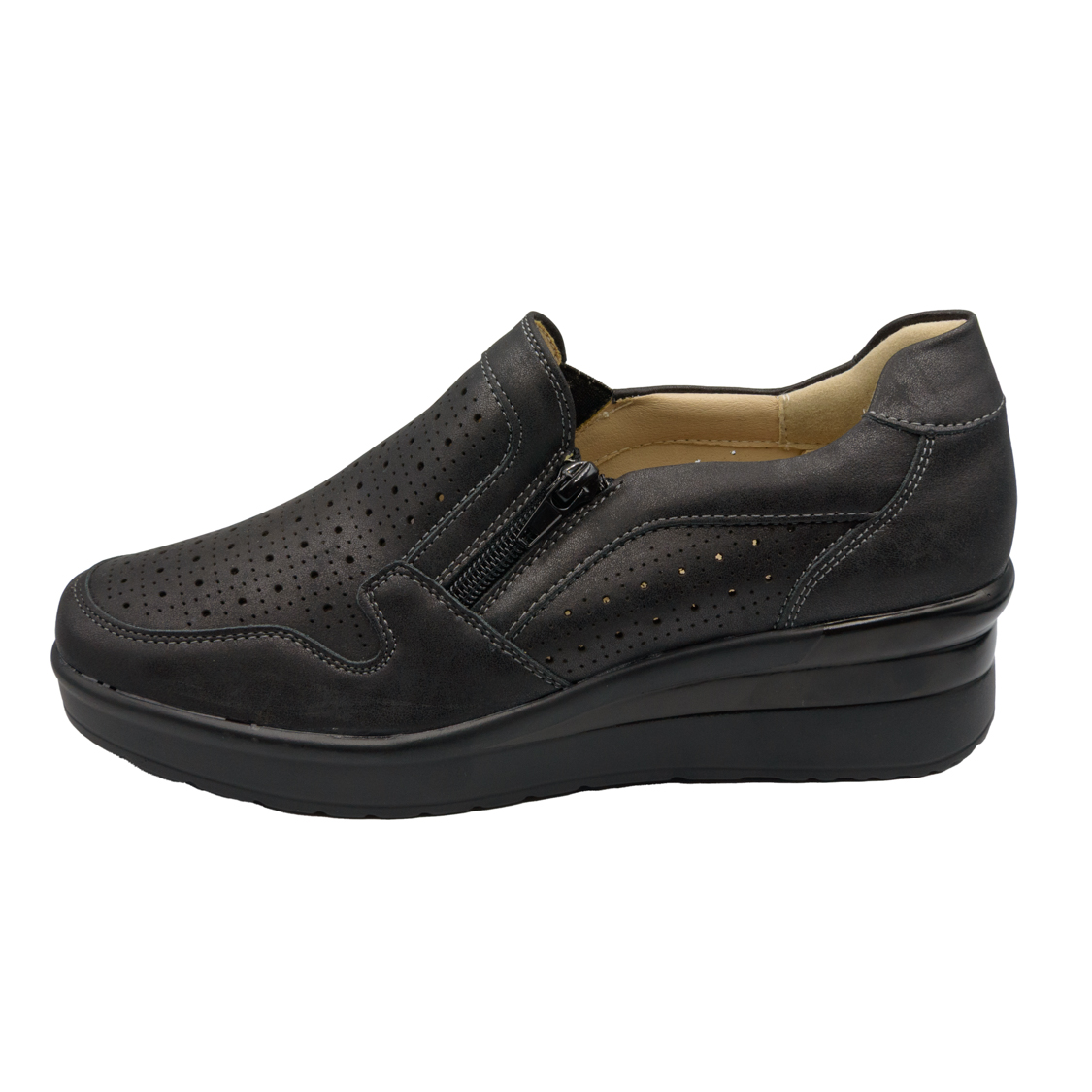 Μαύρο ανατομικό slip-on παπούτσι με φερμουάρ και διάτρητο σχέδιο