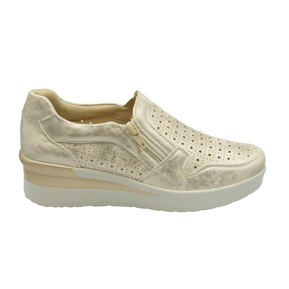 Χρυσό ανατομικό slip-on παπούτσι με φερμουάρ και διάτρητο σχέδιο