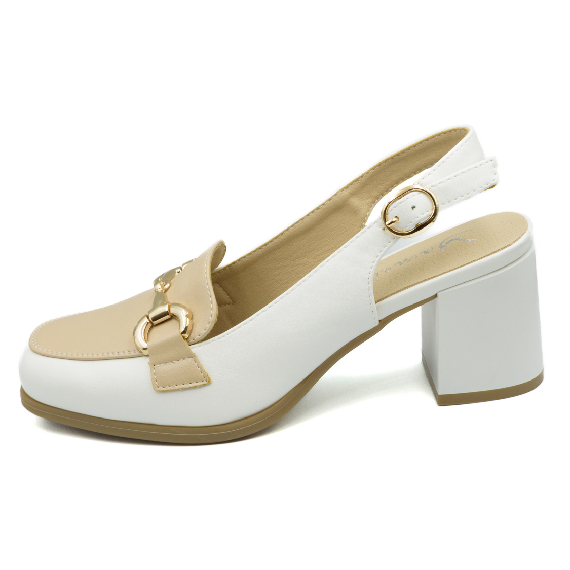 Μπεζ-λευκά slingback loafers με χρυσό διακοσμητικό και τετράγωνο τακούνι