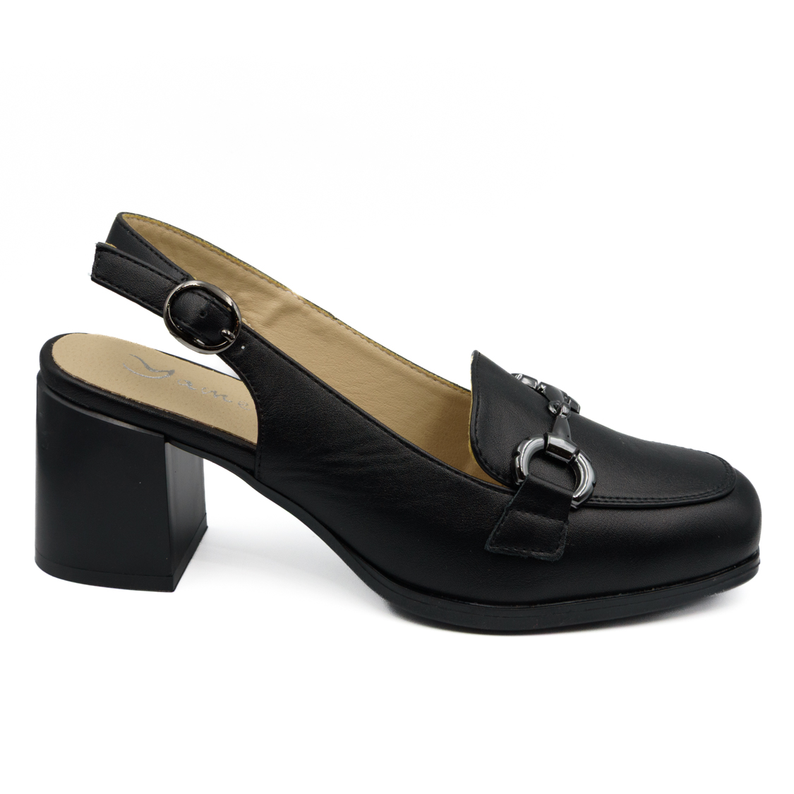 Μαύρα slingback loafers με τετράγωνο τακούνι και μεταλλική αγκράφα