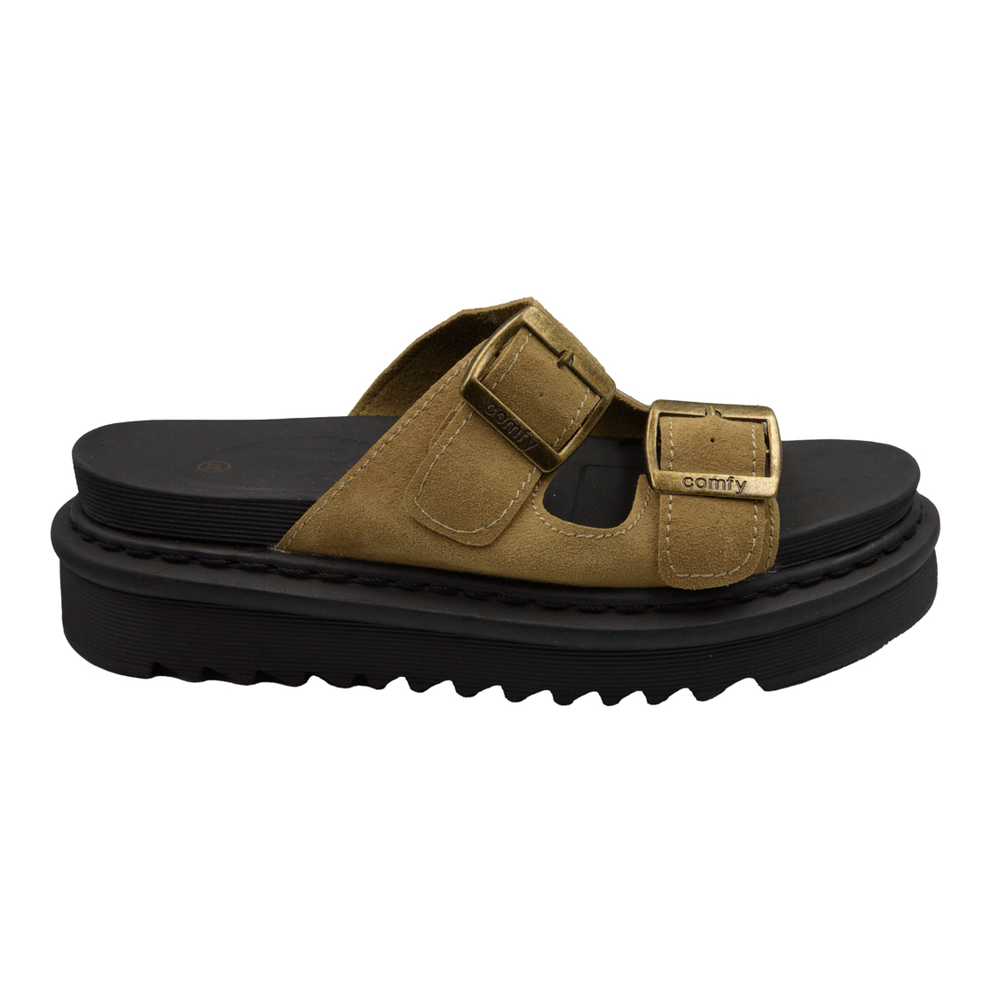 Καφέ flatform σανδάλια με διπλή χρυσή αγκράφα