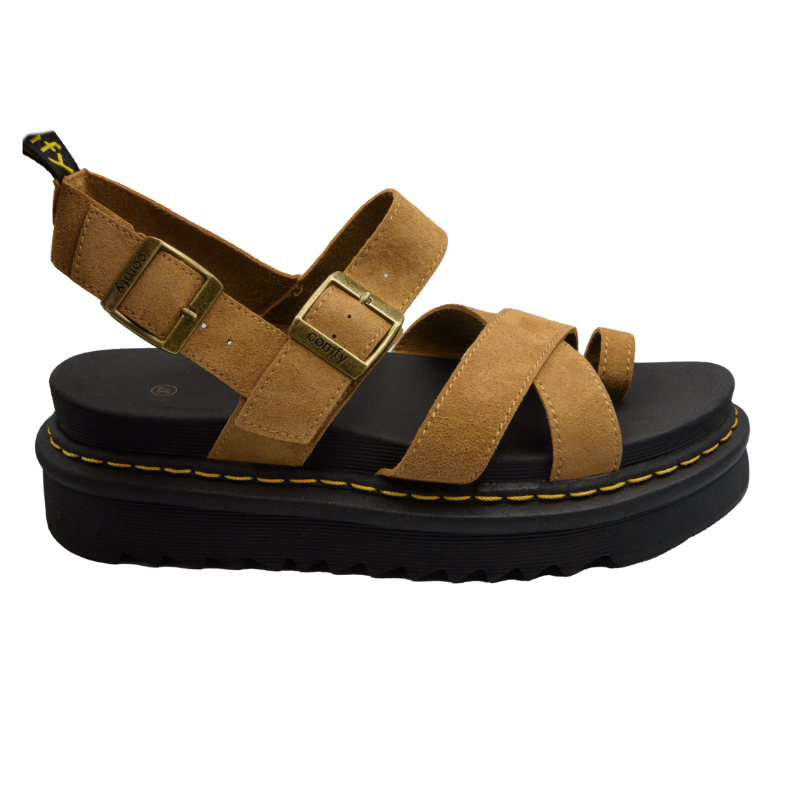 Καφέ flatform σανδάλια με χιαστί λουράκια και αγκράφα