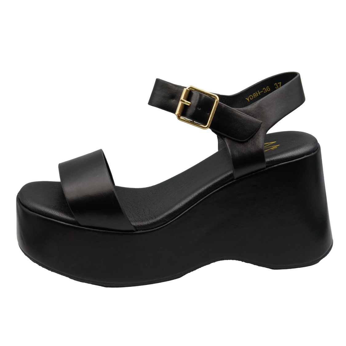 Μαύρες πλατφόρμες με χρυσή αγκράφα και φαρδύ λουράκι